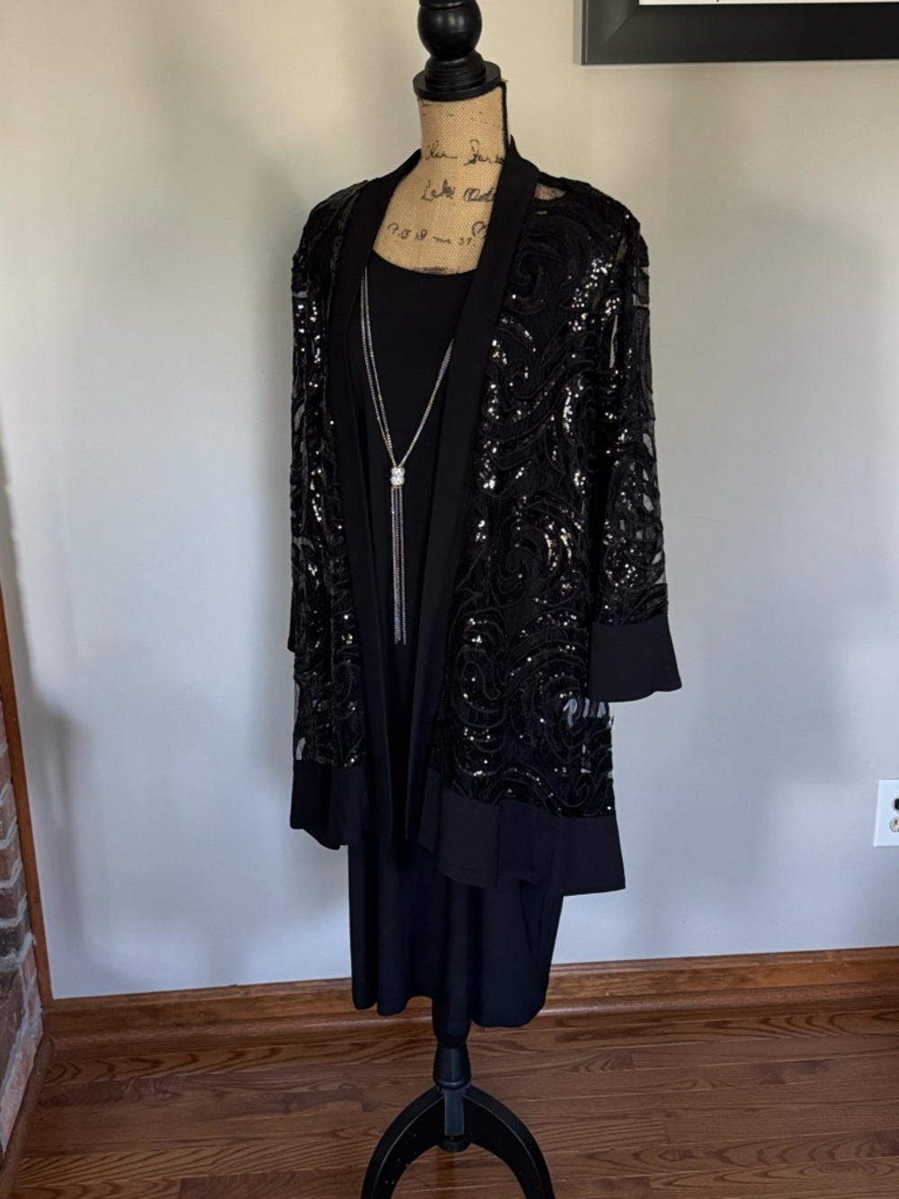 R&M Richards Black Sequin Embellished Midi Dress with Open-Front Jacket